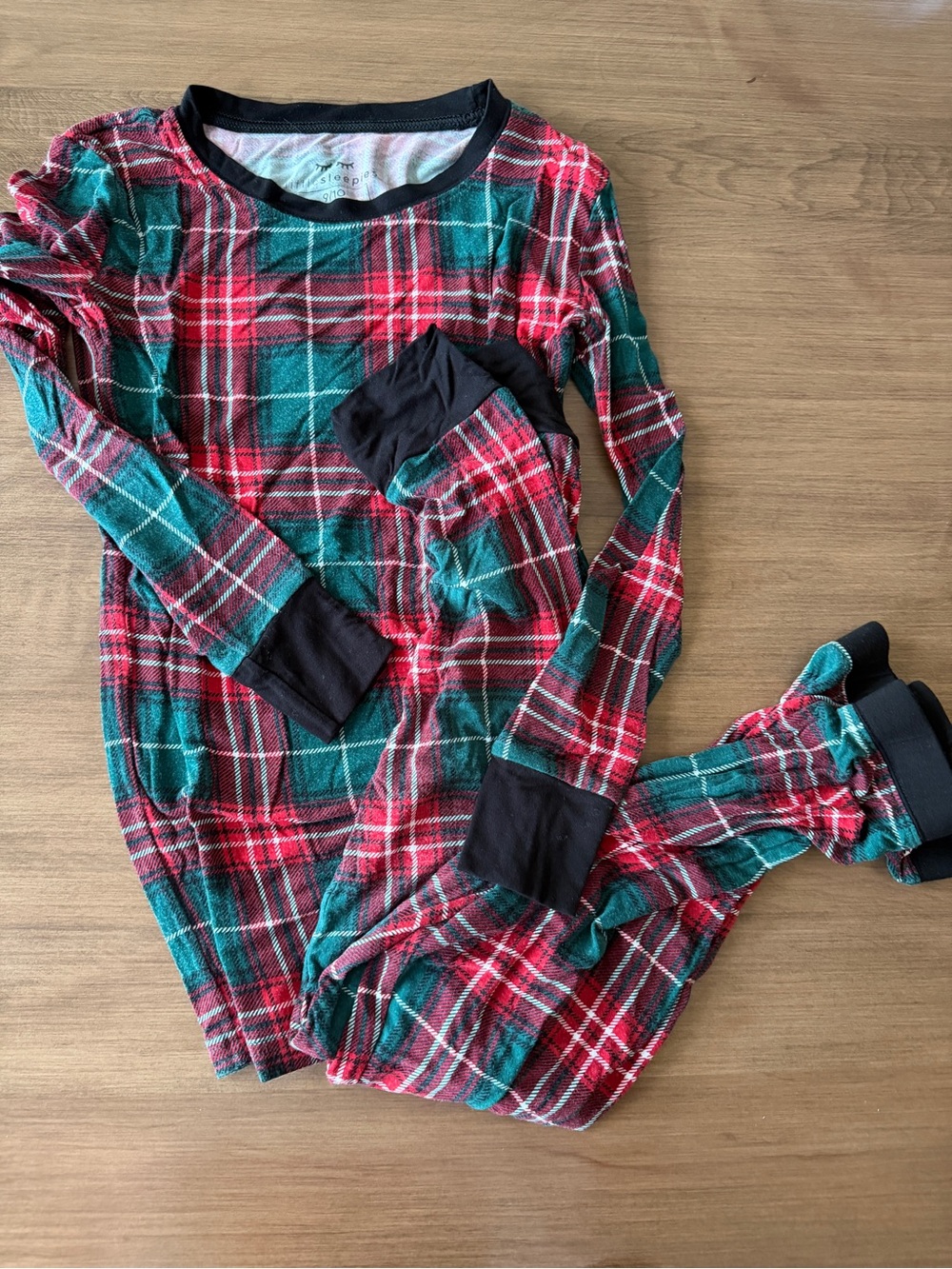 Little Sleepies Red & Green Plaid Kids Pajama Set with Black Trim - 9/10